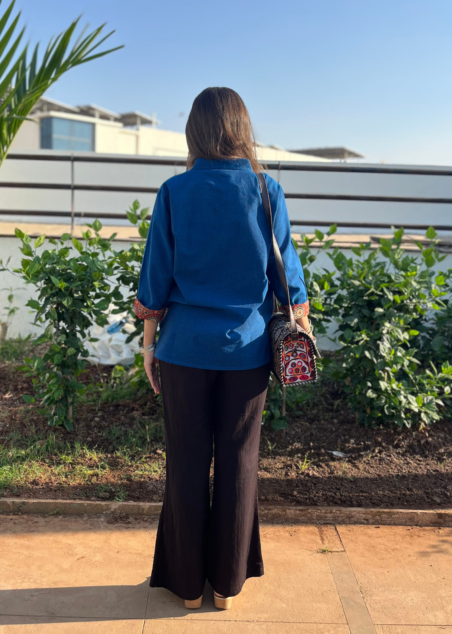 Navy Blue Semi-Circle Ajrakh Patchwork Fusion Shirt