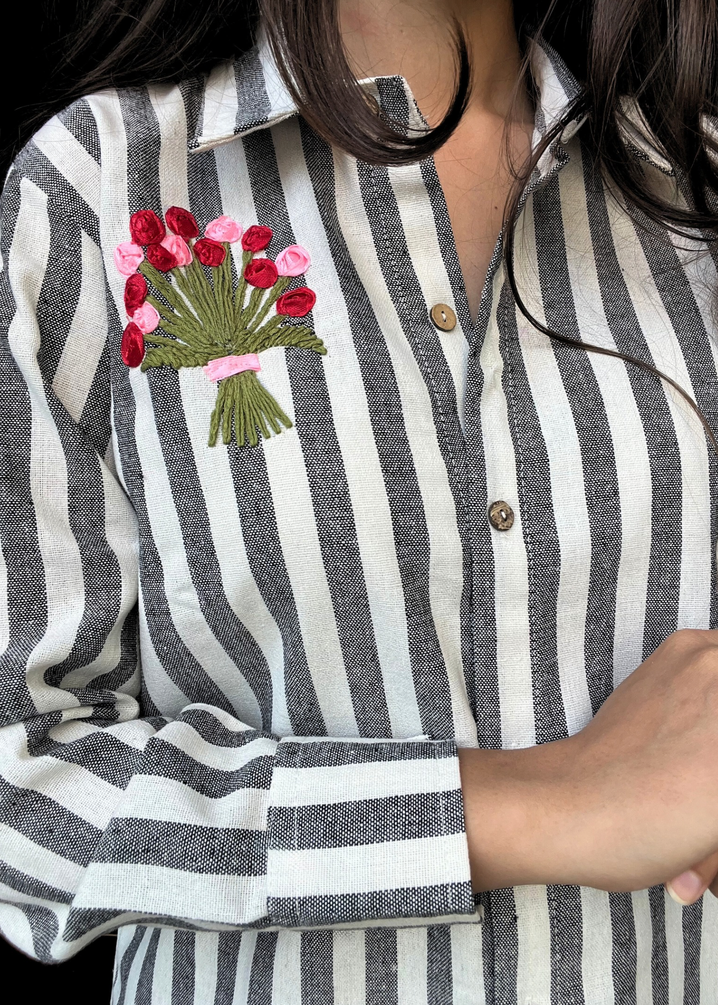 Classic Black Linen Cotton Stripe Shirt