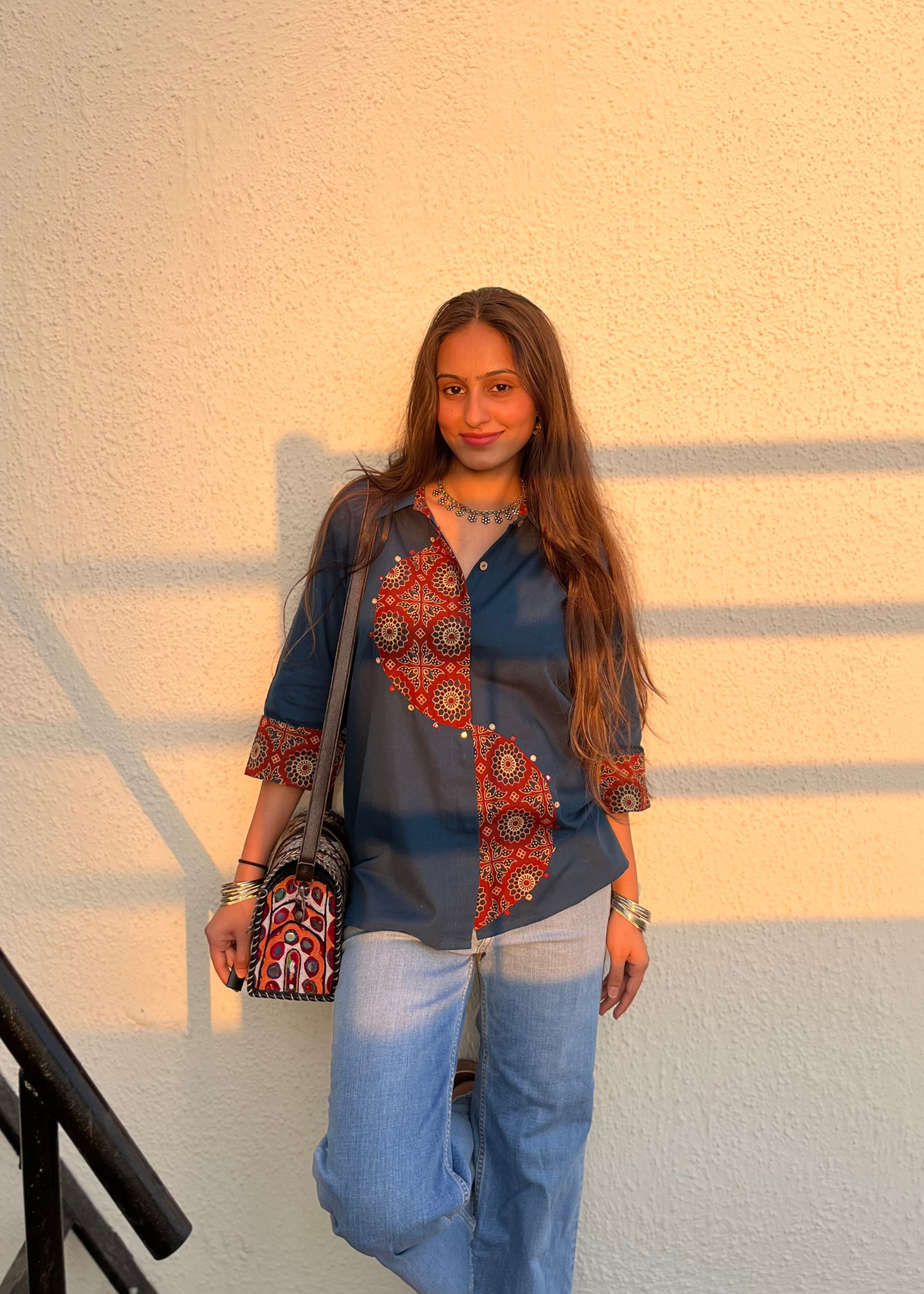 Dark Teal Semi-Circle Ajrakh Patchwork Fusion Shirt