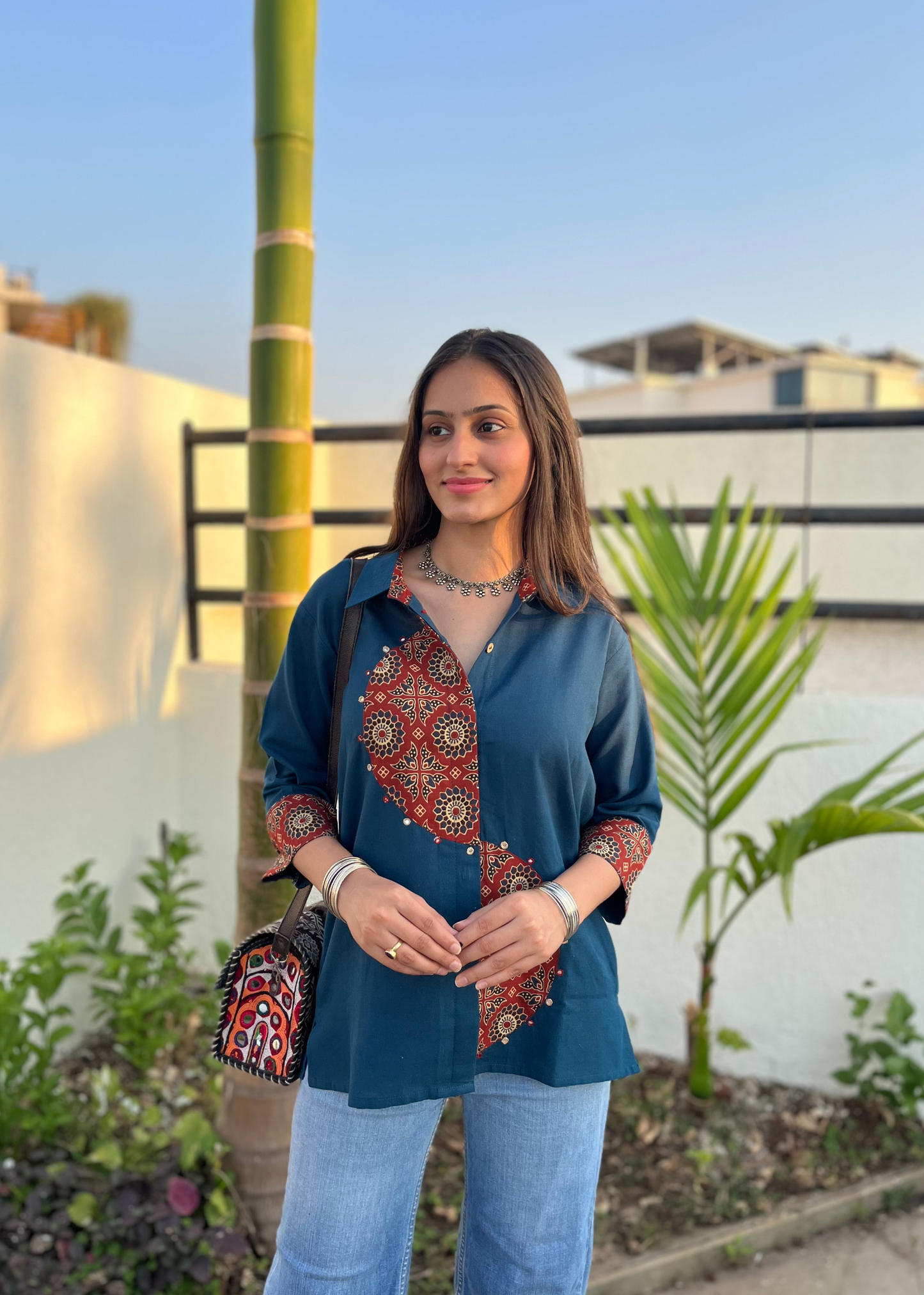 Dark Teal Semi-Circle Ajrakh Patchwork Fusion Shirt