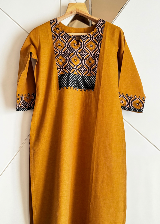 Mustard Straight Kurta with Handblock Printed Yoke