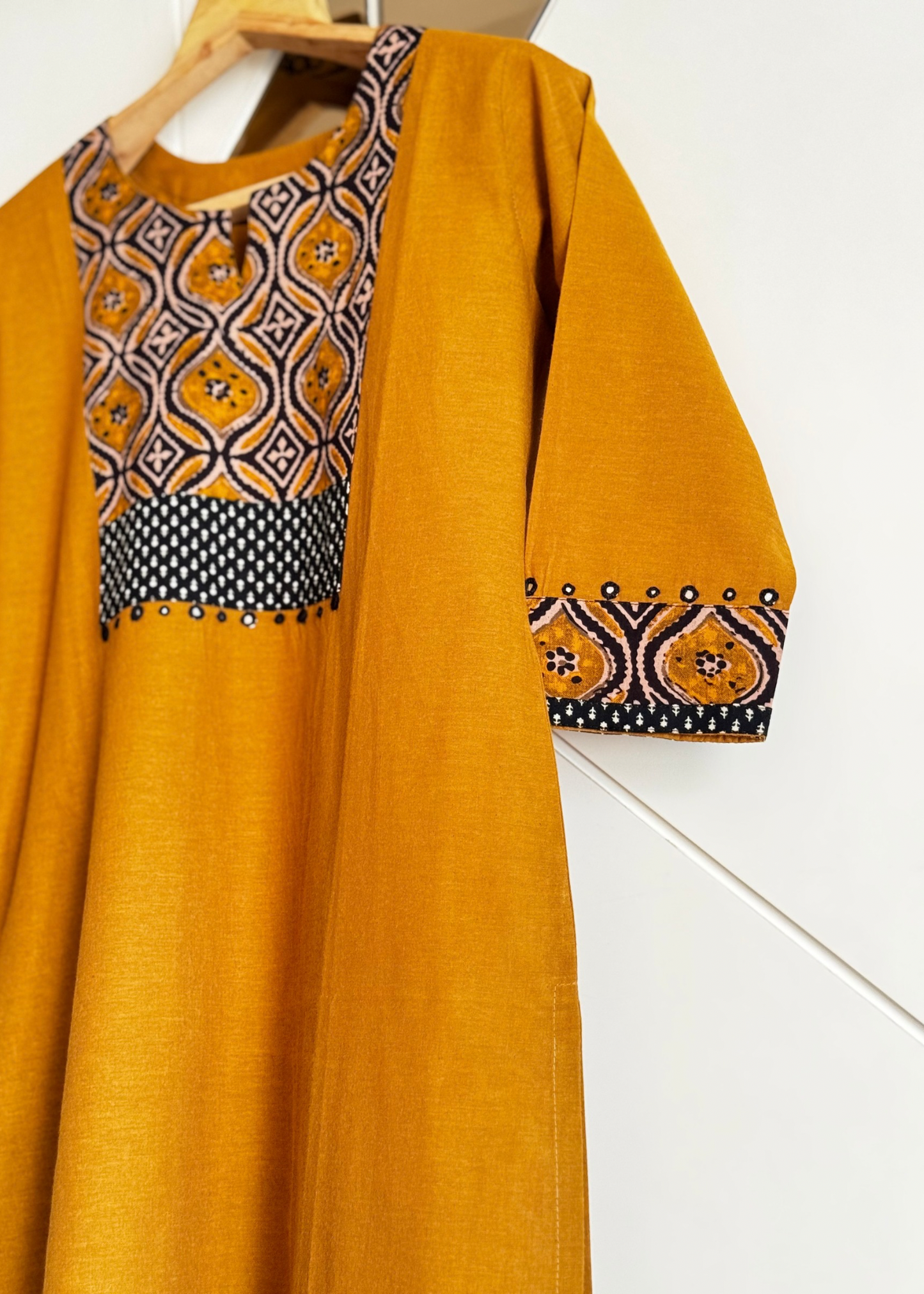 Mustard Straight Kurta with Handblock Printed Yoke