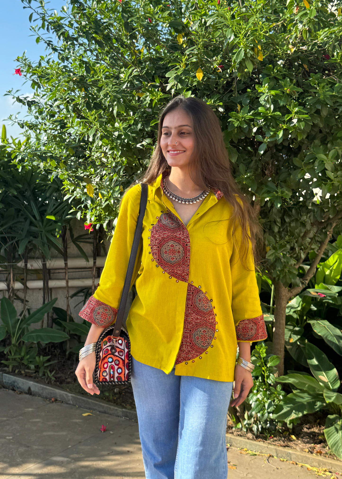 Mustard Yellow Semi-Circle Ajrakh Patchwork Fusion Shirt