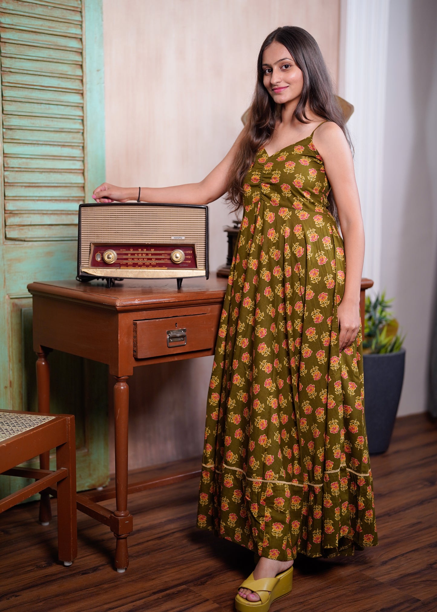 Olive Floral Cotton Maxi Dress