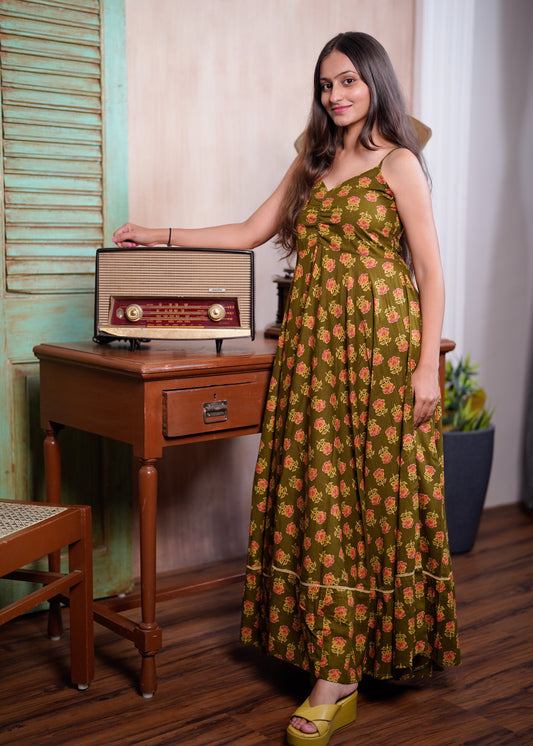 Olive Floral Cotton Maxi Dress