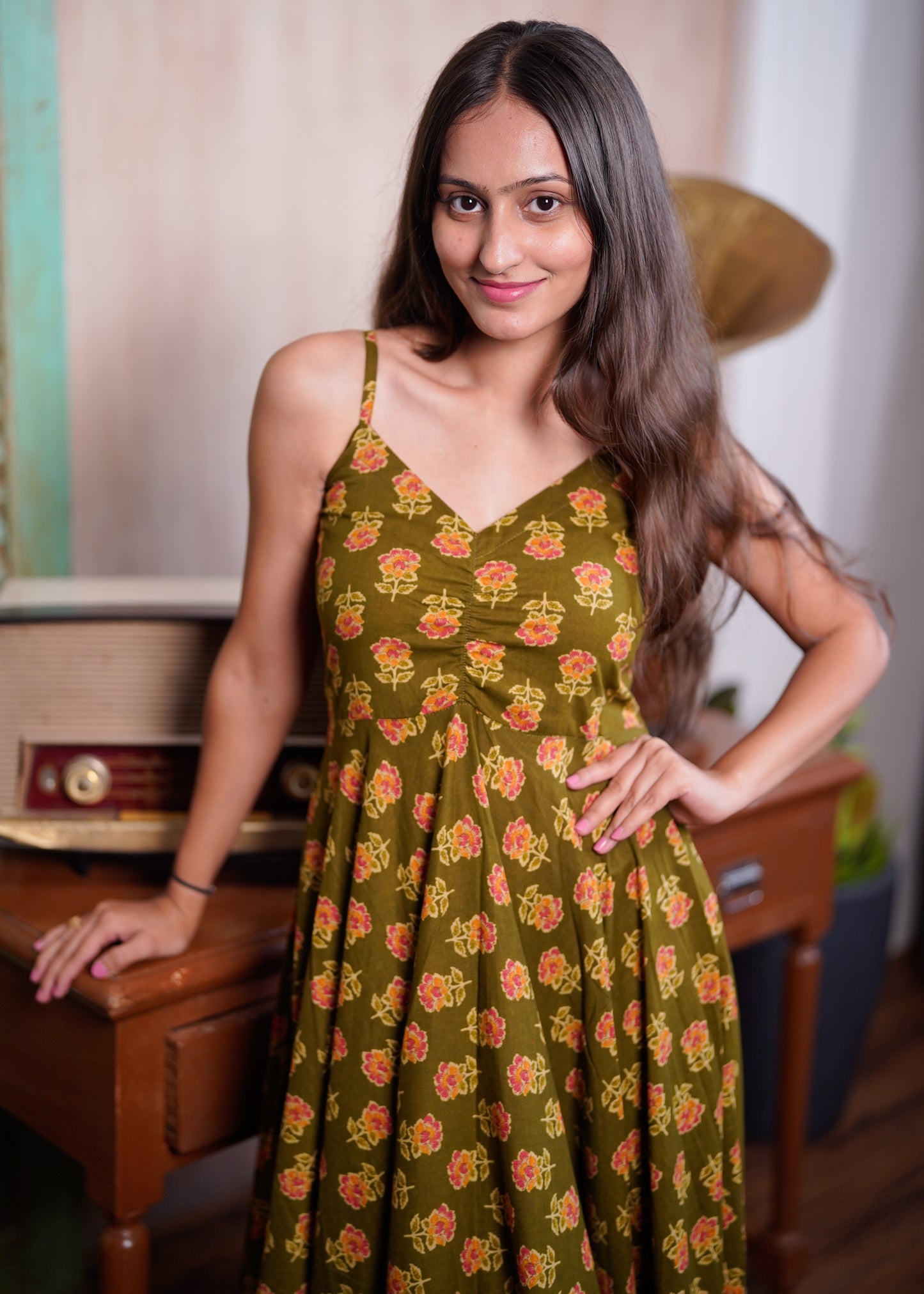 Olive Floral Cotton Maxi Dress