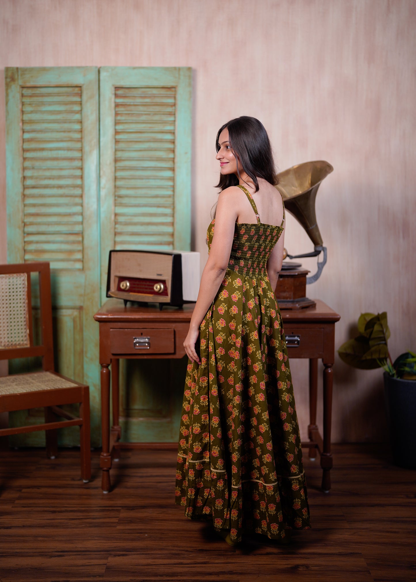 Olive Floral Cotton Maxi Dress