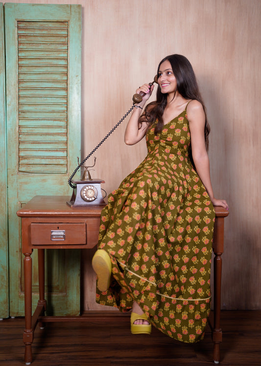 Olive Floral Cotton Maxi Dress