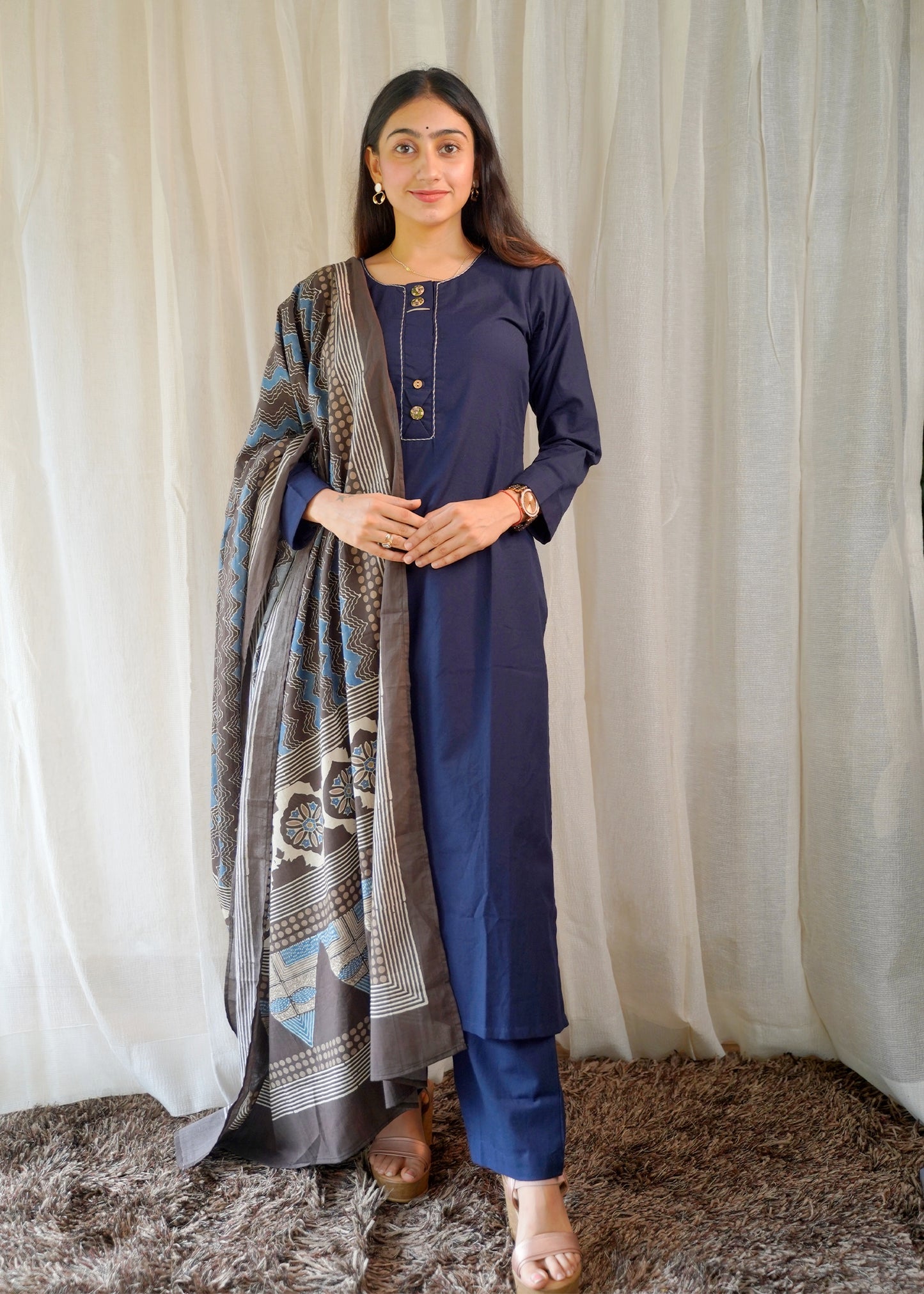 Navy Blue Straight Cotton Kurta Set with Handblock Print Dupatta