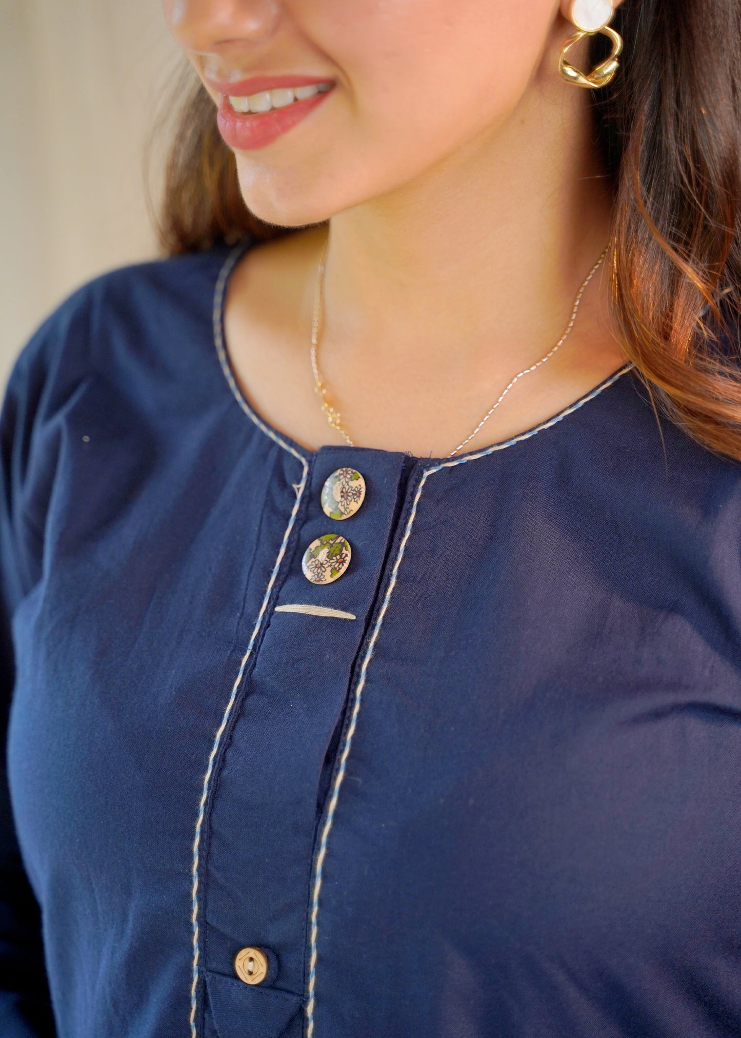 Navy Blue Straight Cotton Kurta Set with Handblock Print Dupatta