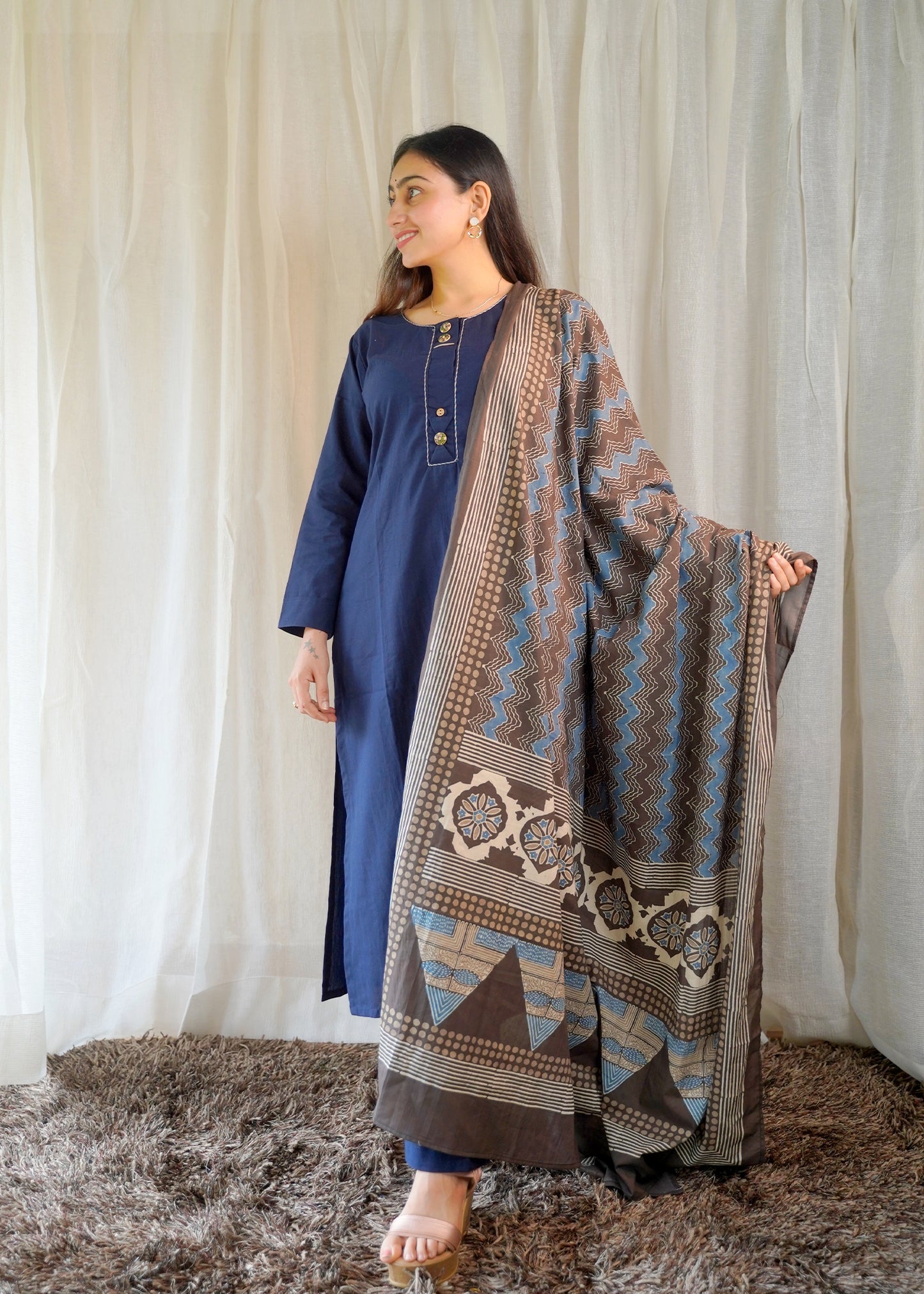 Navy Blue Straight Cotton Kurta Set with Handblock Print Dupatta