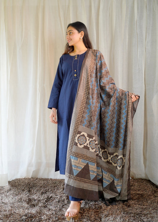 Navy Blue Straight Cotton Kurta Set with Handblock Print Dupatta