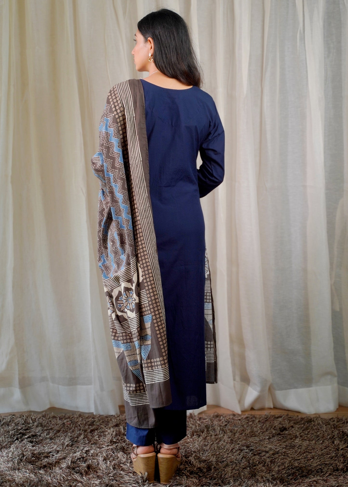 Navy Blue Straight Cotton Kurta Set with Handblock Print Dupatta