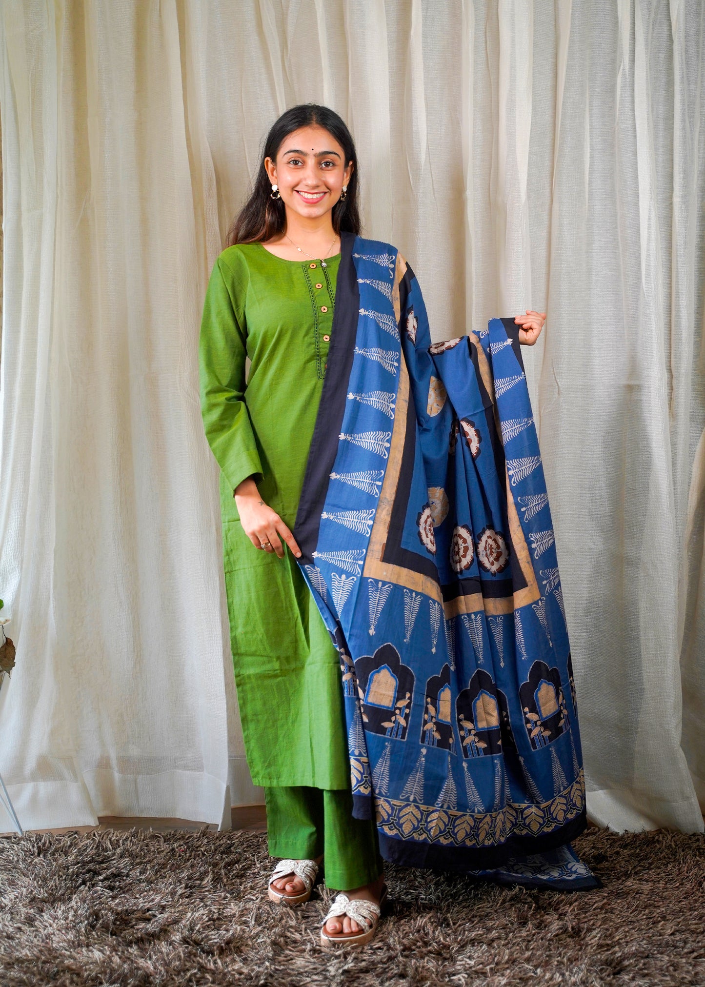 Olive Green Cotton Kurta Set with Indigo Handblock Printed Dupatta
