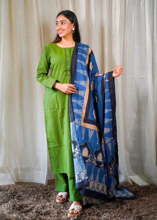 Olive Green Cotton Kurta Set with Indigo Handblock Printed Dupatta