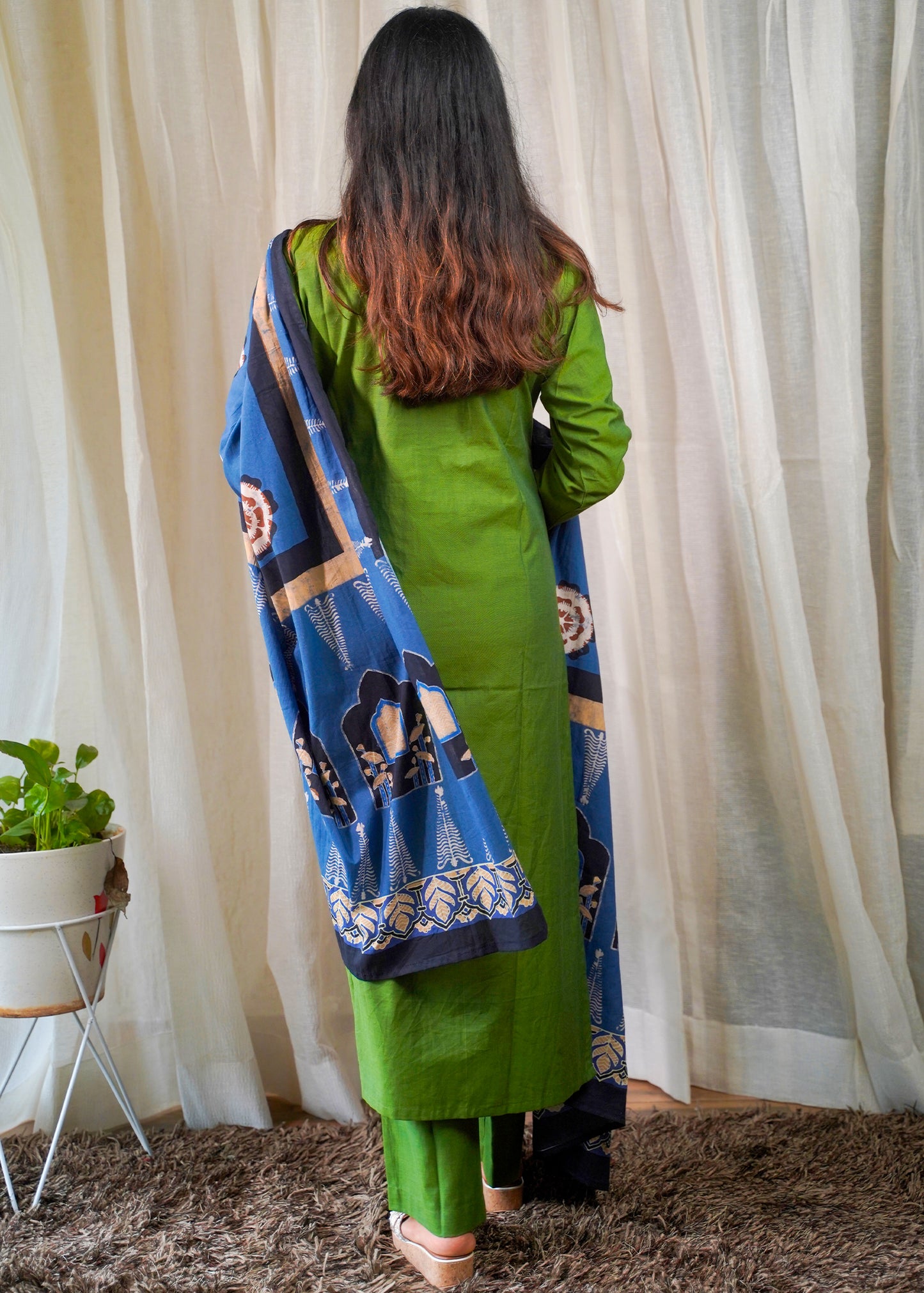 Olive Green Cotton Kurta Set with Indigo Handblock Printed Dupatta