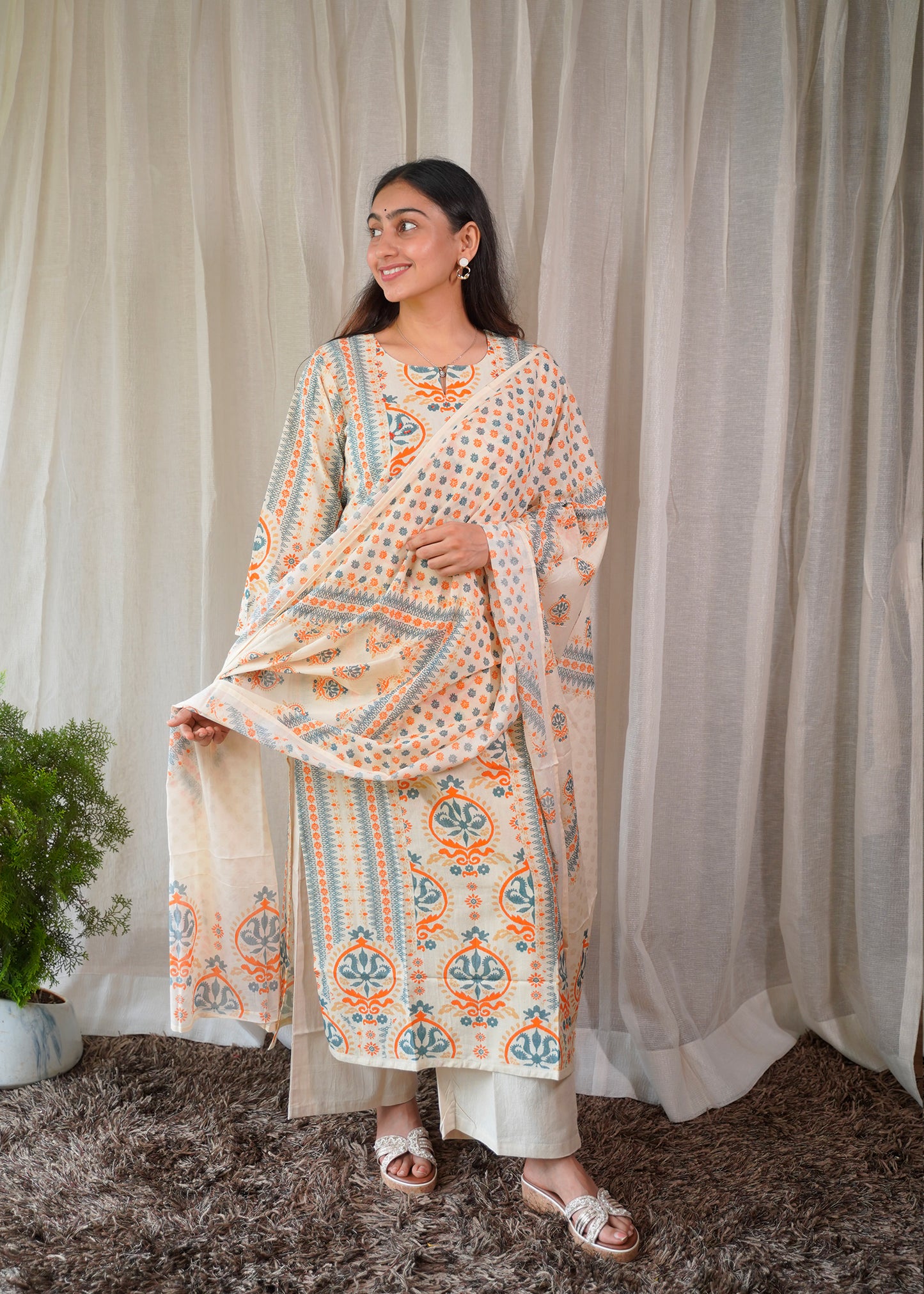 Ivory Blossom Kurta Set with Dupatta