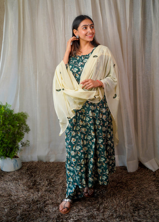 Misty Magnolia Floral Kurta Set with Embroidered Dupatta