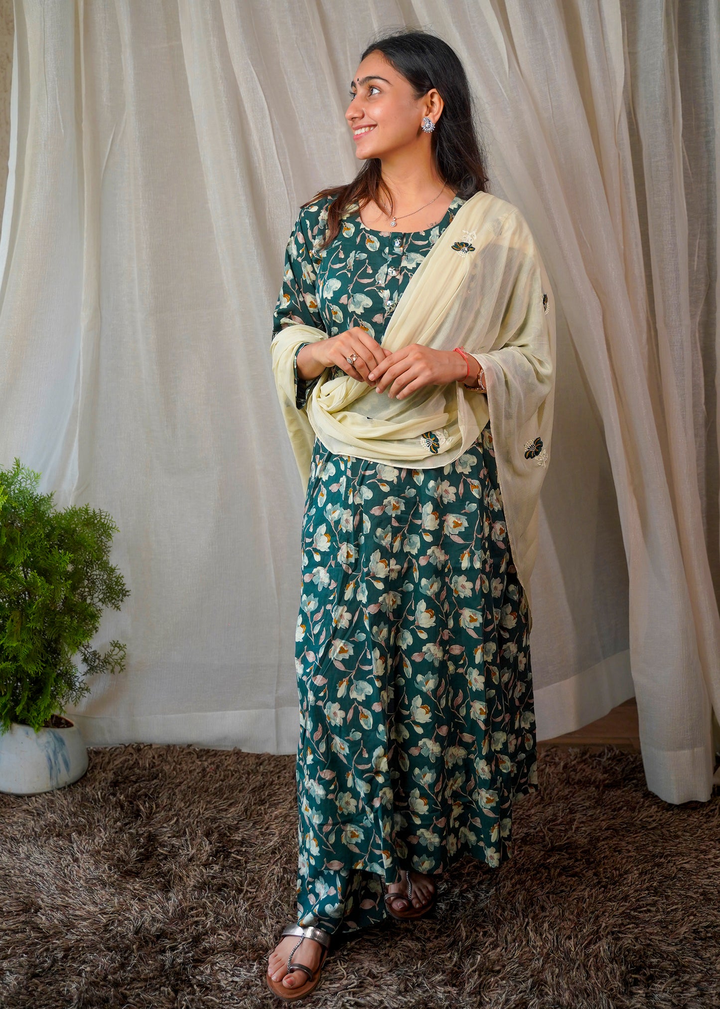 Misty Magnolia Floral Kurta Set with Embroidered Dupatta