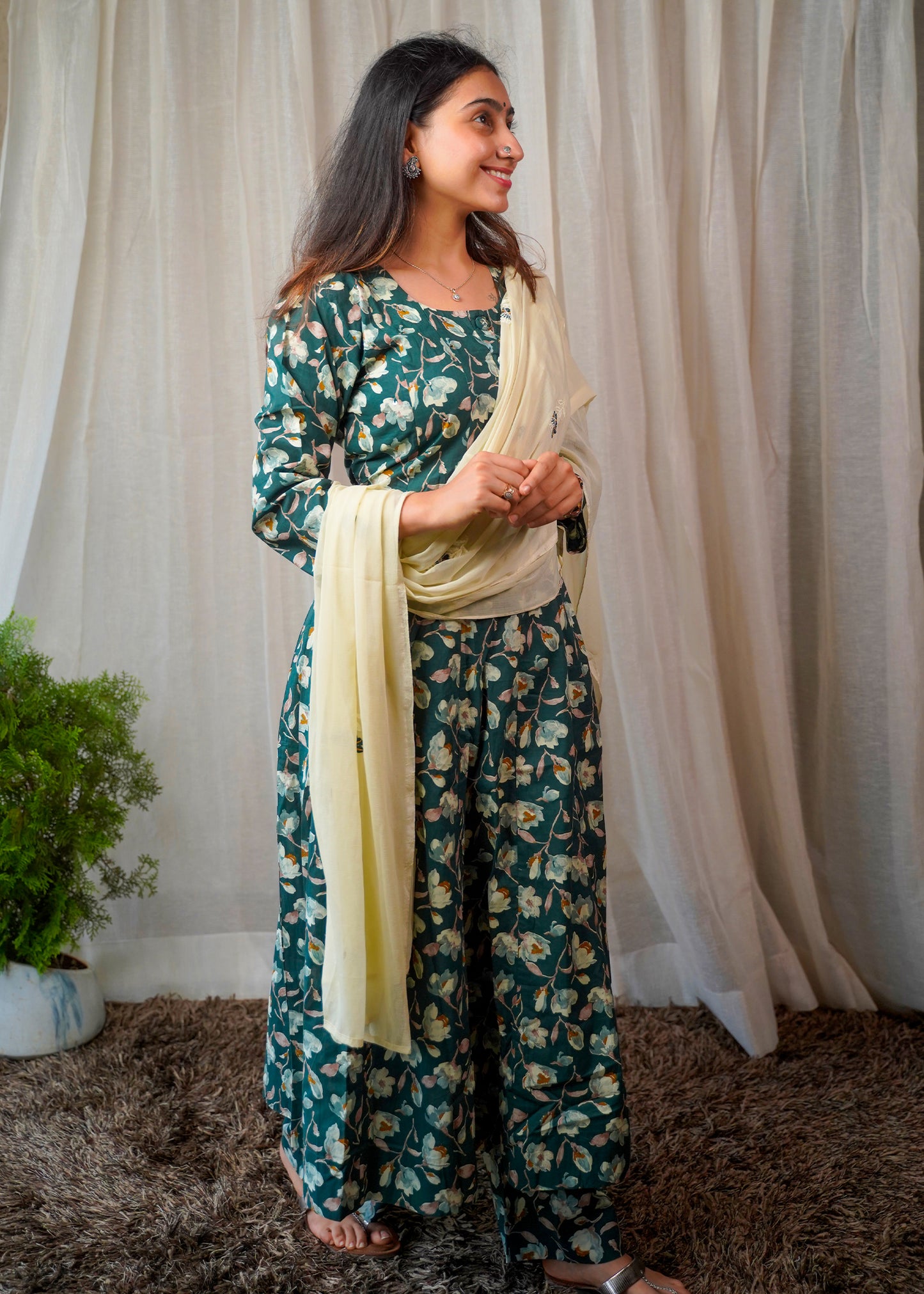 Misty Magnolia Floral Kurta Set with Embroidered Dupatta