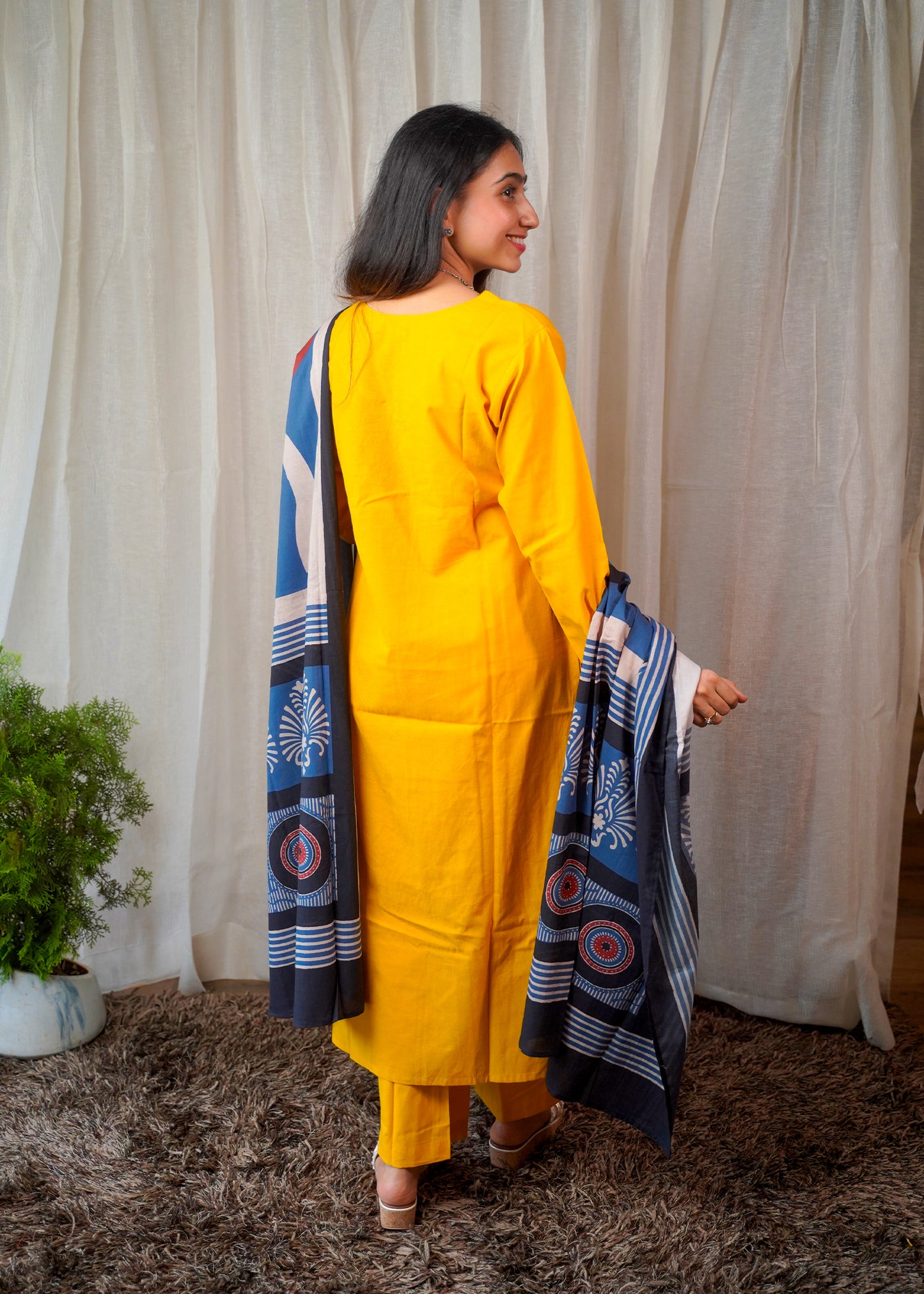 Solid Mustard Handcrafted Cotton Kurta Set with Ajrakh HandBlock Dupatta