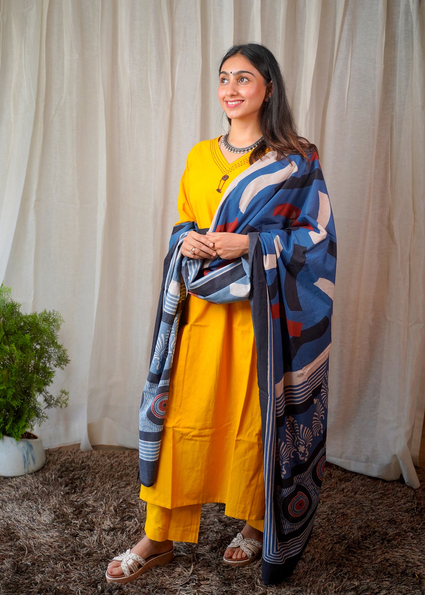 Solid Mustard Handcrafted Cotton Kurta Set with Ajrakh HandBlock Dupatta