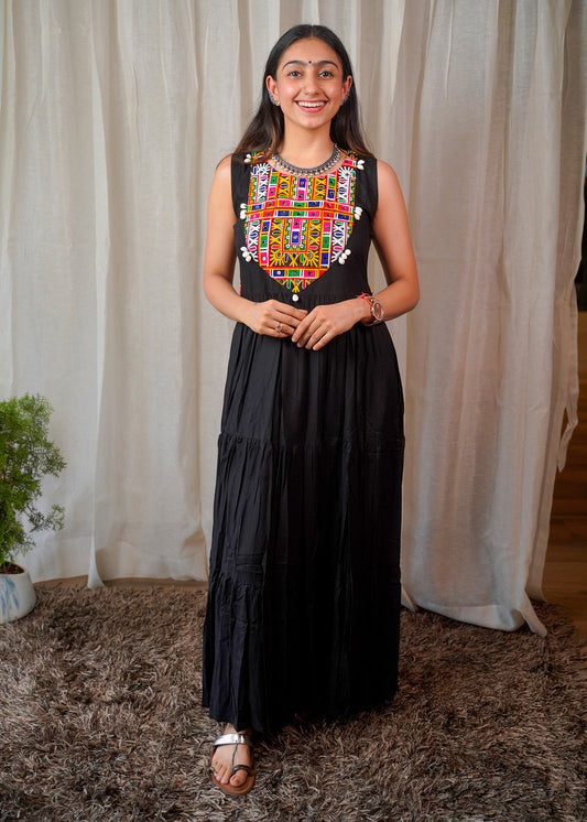 Black Mirrorwork Embroidered Maxi Dress