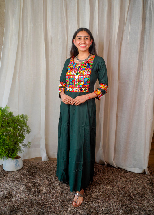 Bottle Green Dress with Multicolor Kutchi Embroidery
