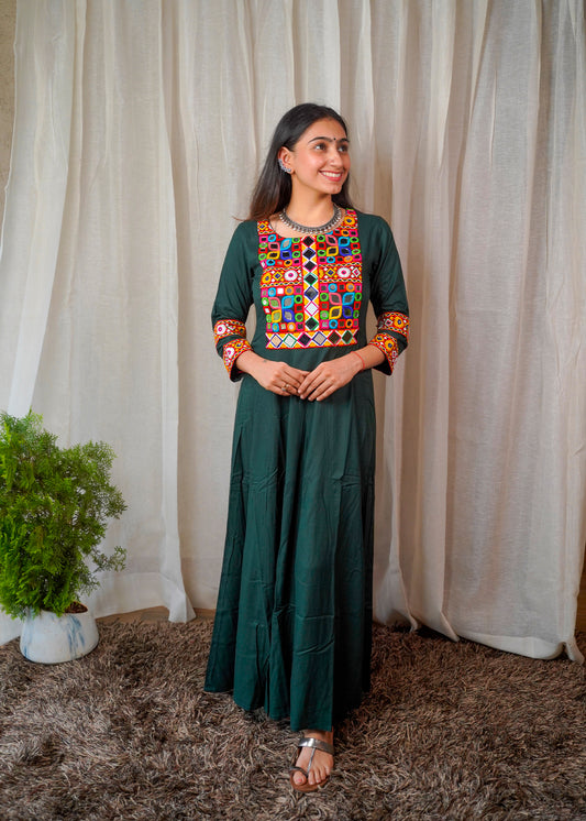 Bottle Green Dress with Multicolor Kutchi Embroidery