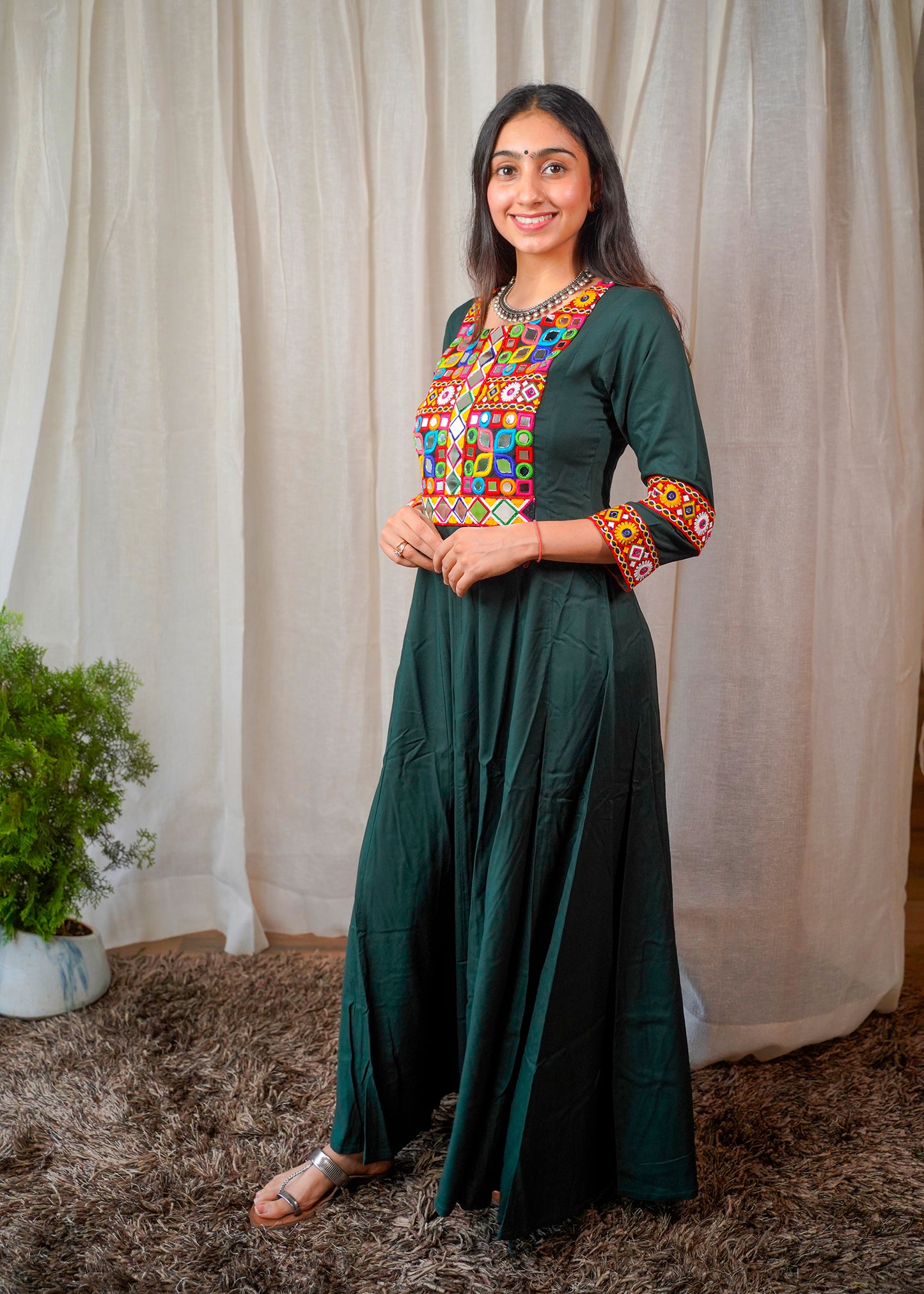 Bottle Green Dress with Multicolor Kutchi Embroidery