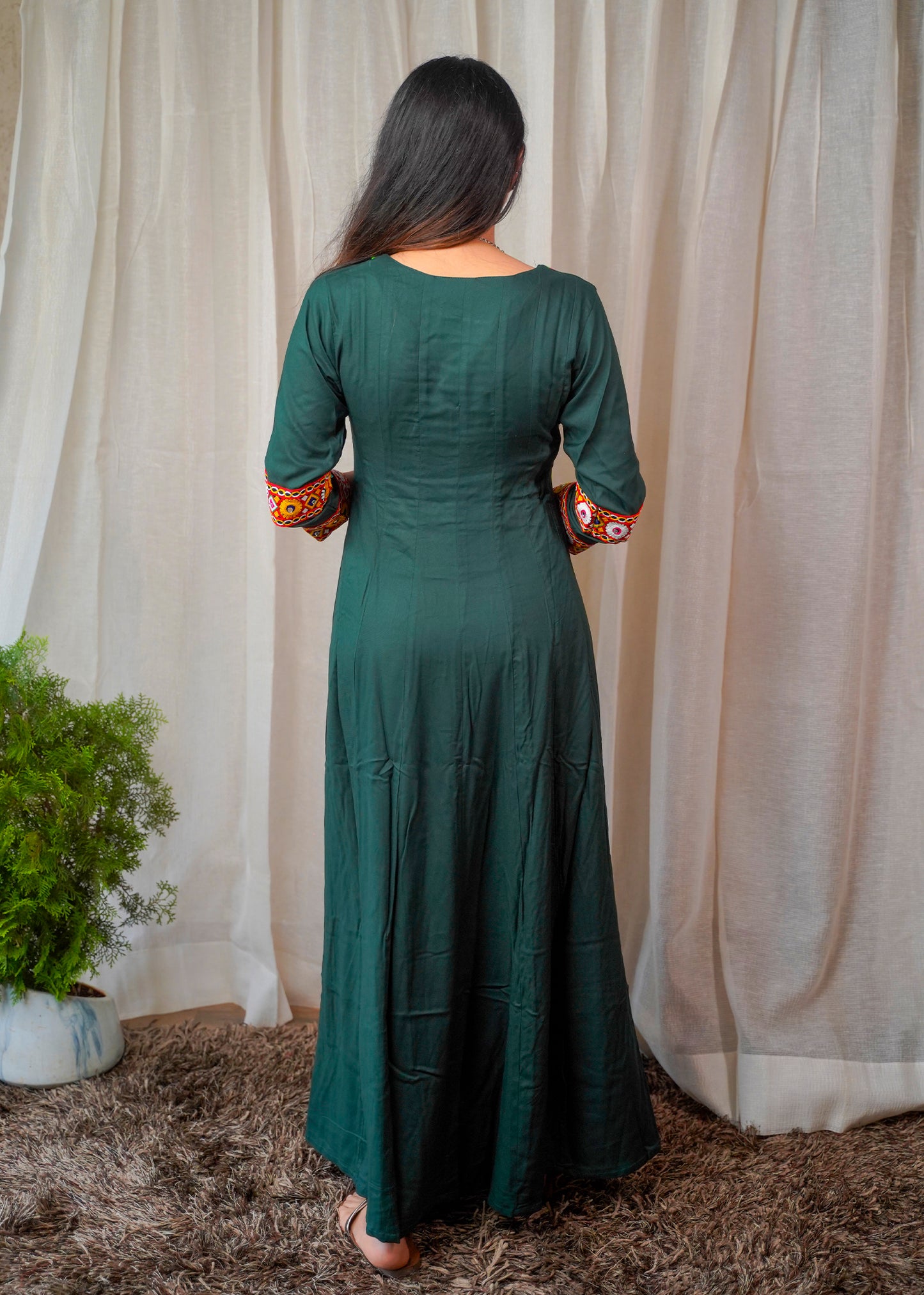 Bottle Green Dress with Multicolor Kutchi Embroidery