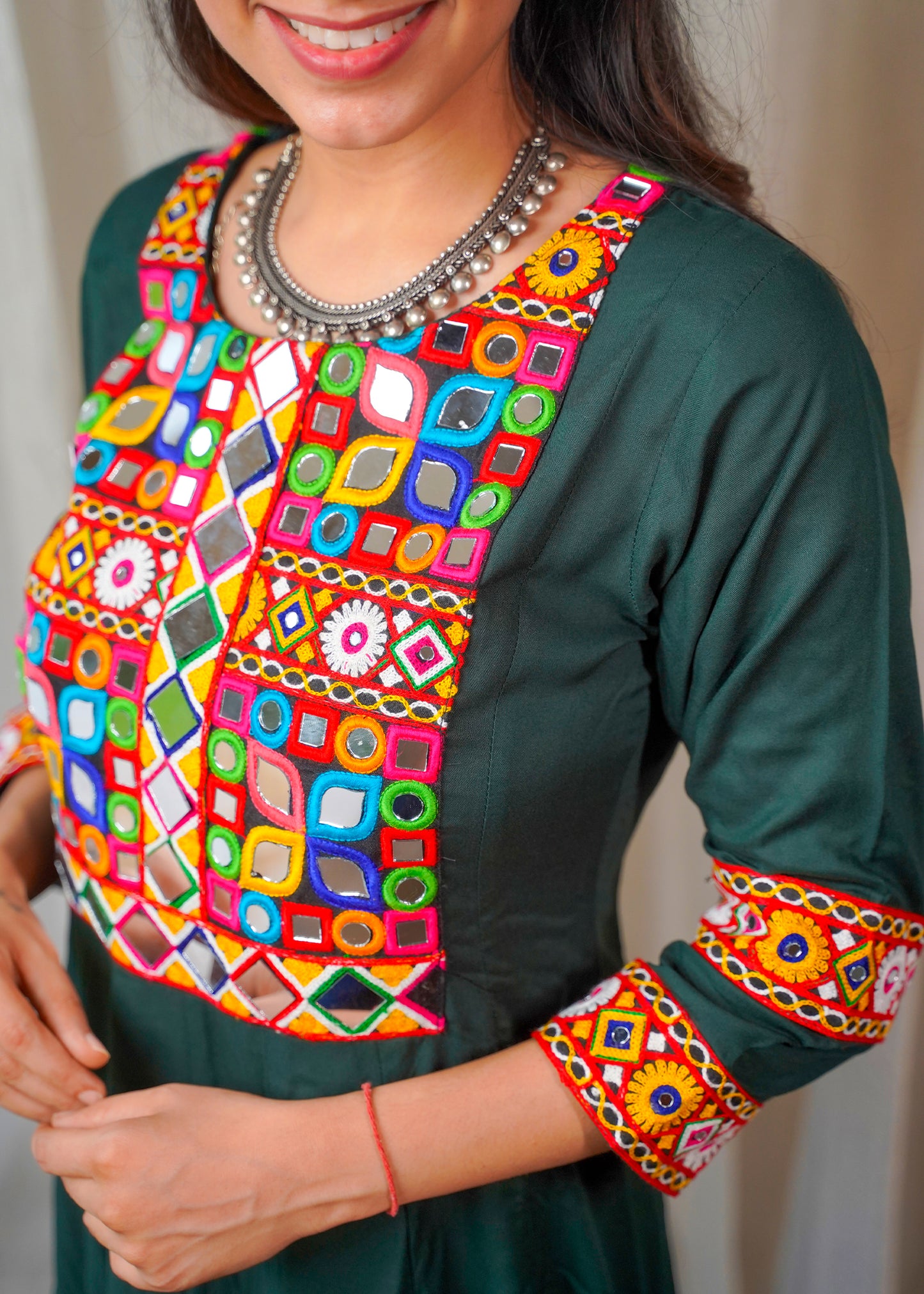 Bottle Green Dress with Multicolor Kutchi Embroidery