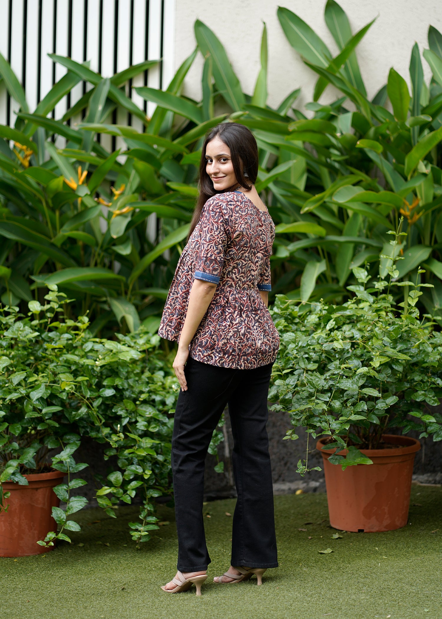 Handblock Kalamkari Cotton Short Top with Mirror Work