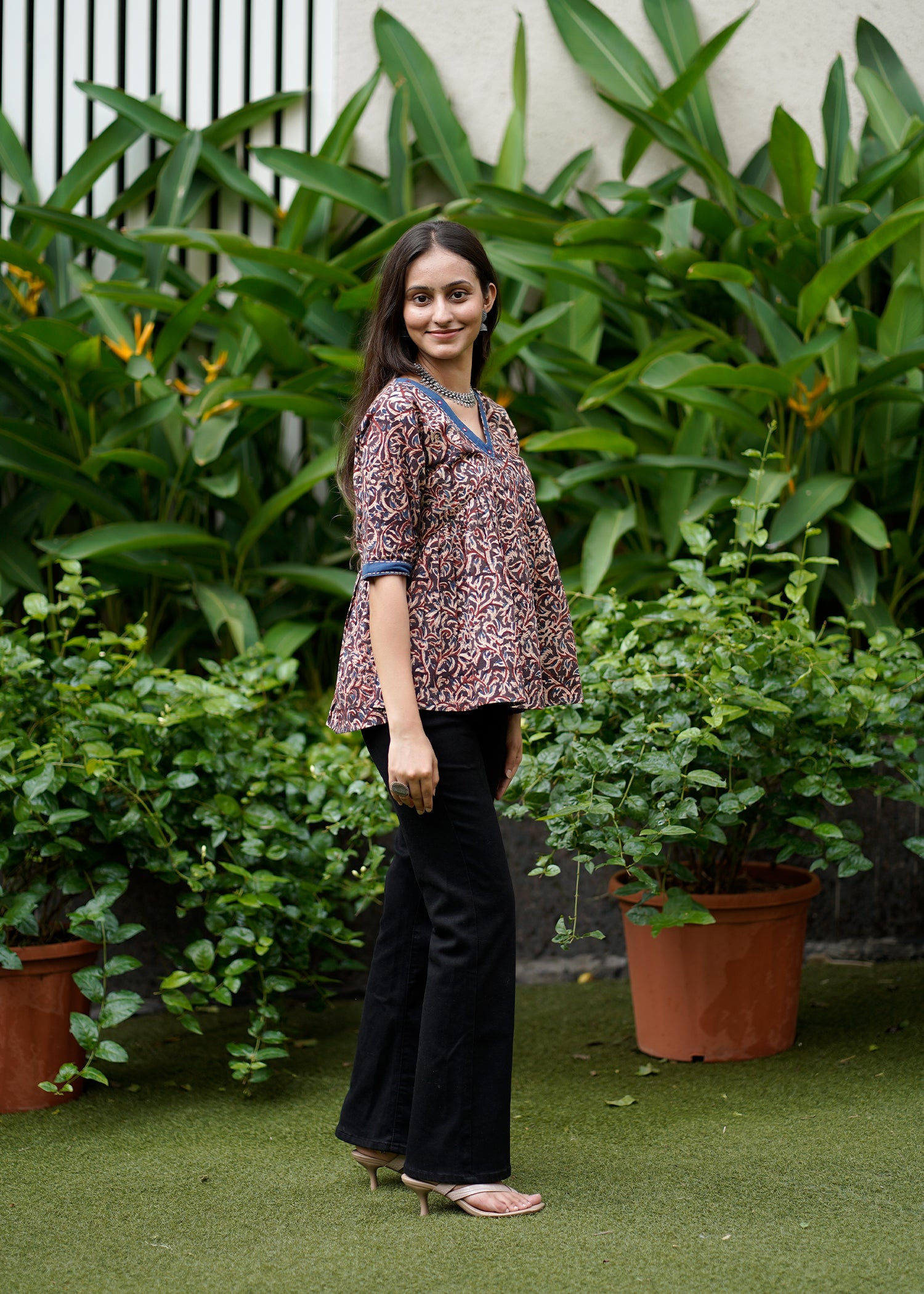 Handblock Kalamkari Cotton Short Top with Mirror Work