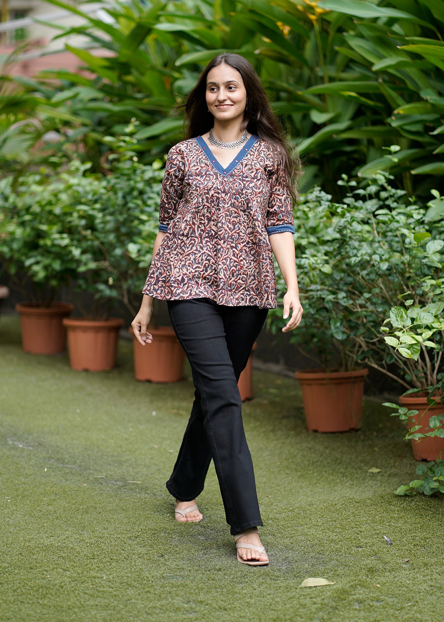 Handblock Kalamkari Cotton Short Top with Mirror Work