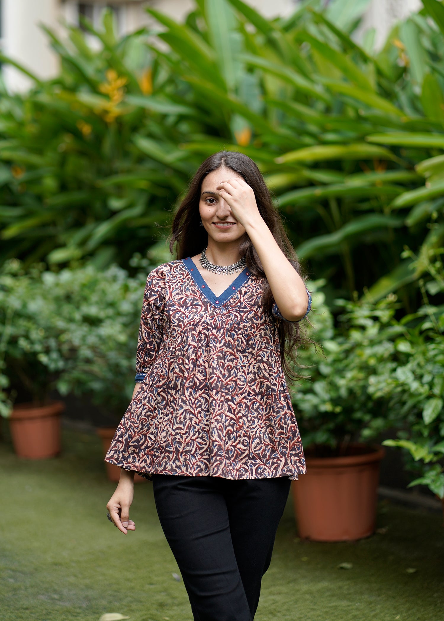Handblock Kalamkari Cotton Short Top with Mirror Work
