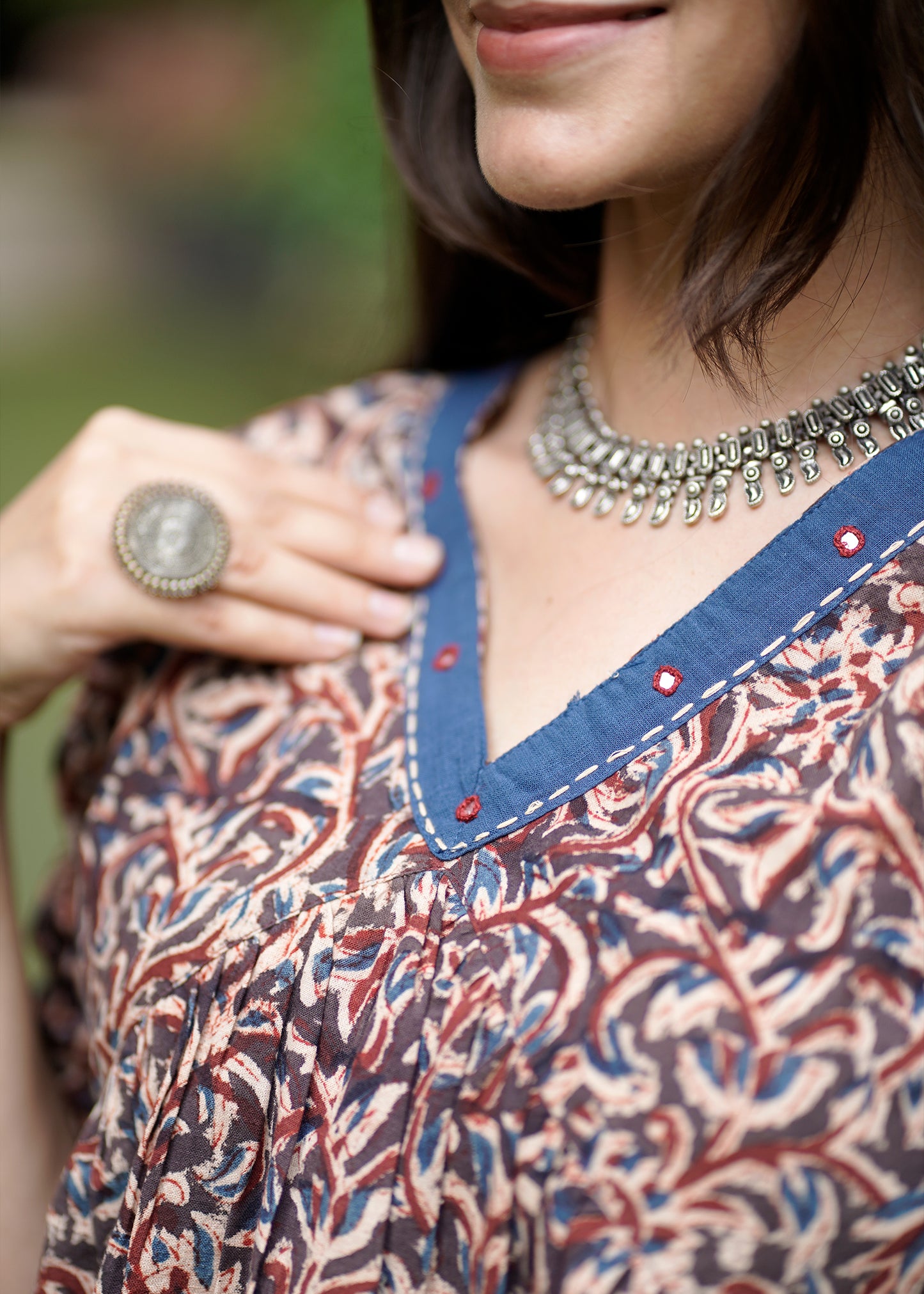 Handblock Kalamkari Cotton Short Top with Mirror Work