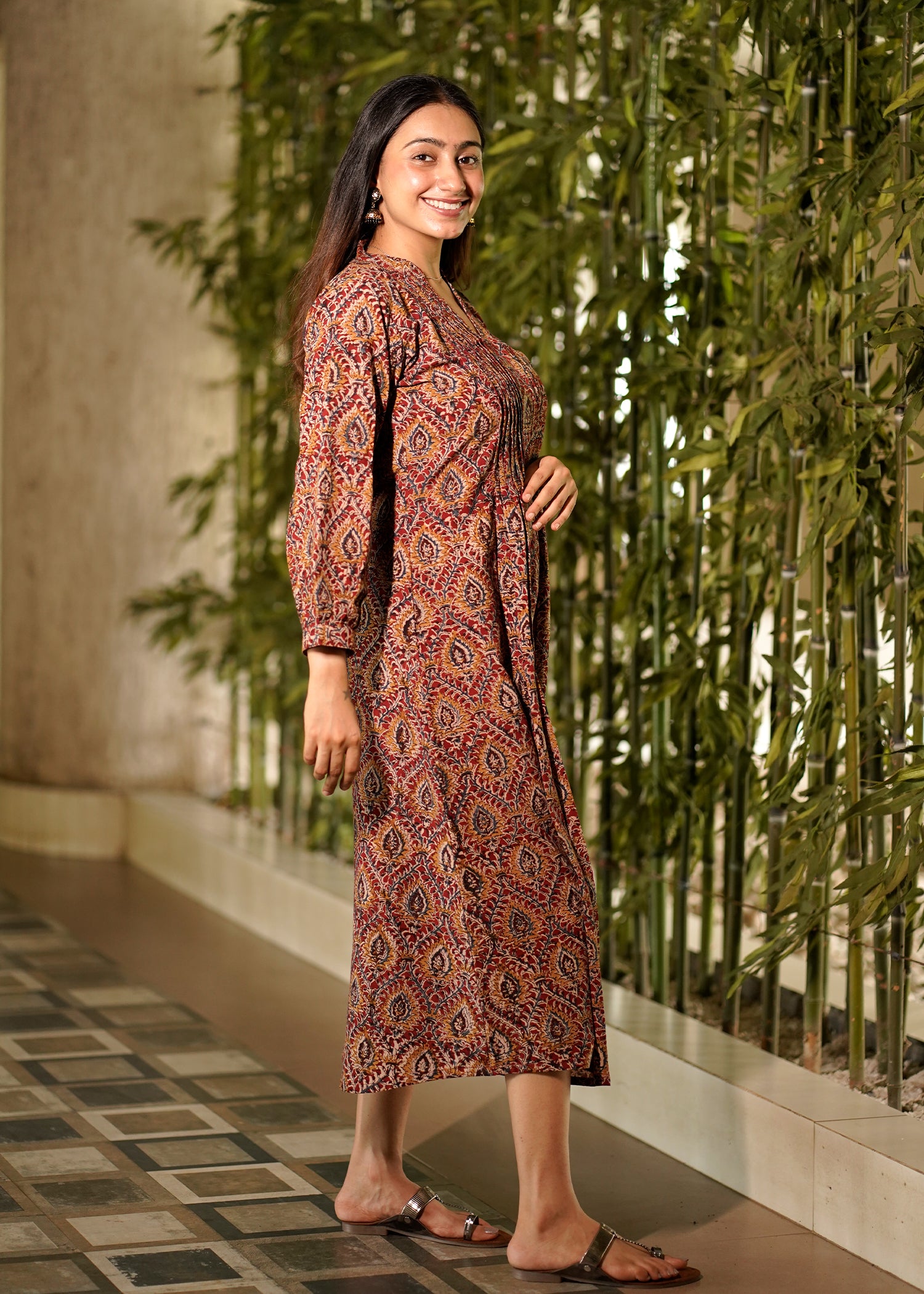 Handblock Kalamkari Front Pleated Cotton Dress