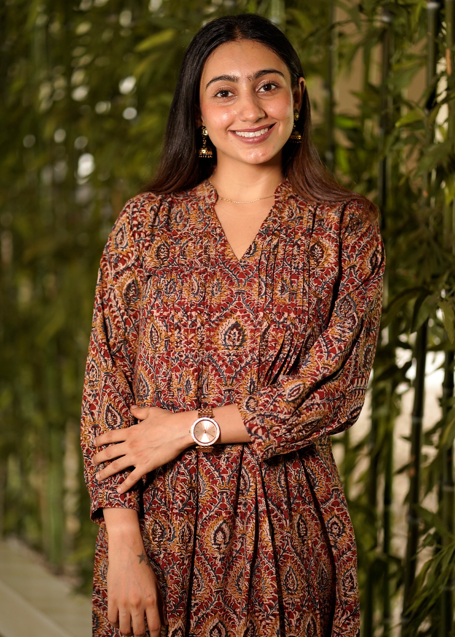Handblock Kalamkari Front Pleated Cotton Dress