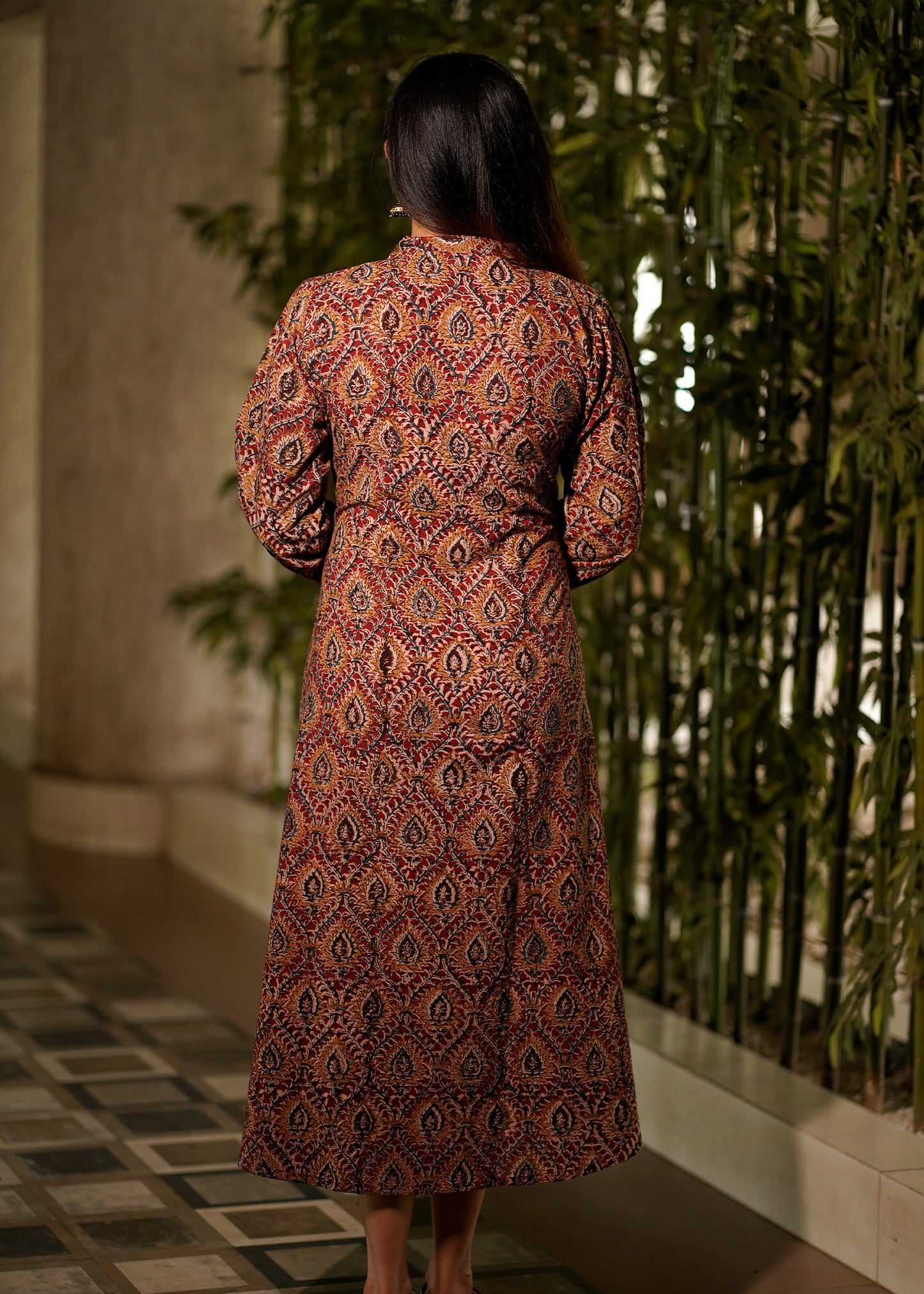 Handblock Kalamkari Front Pleated Cotton Dress