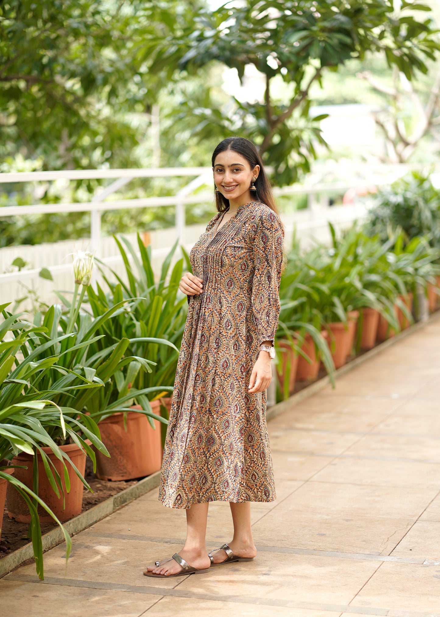 Handblock Kalamkari Front Pleated Cotton Dress