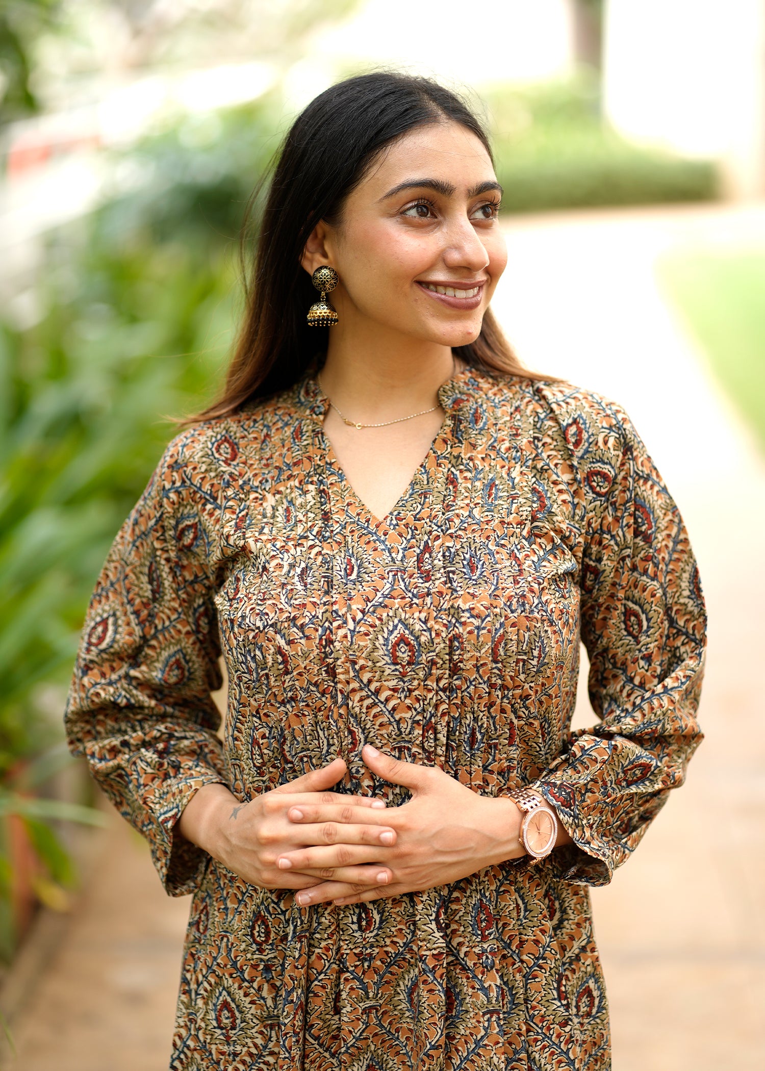 Handblock Kalamkari Front Pleated Cotton Dress