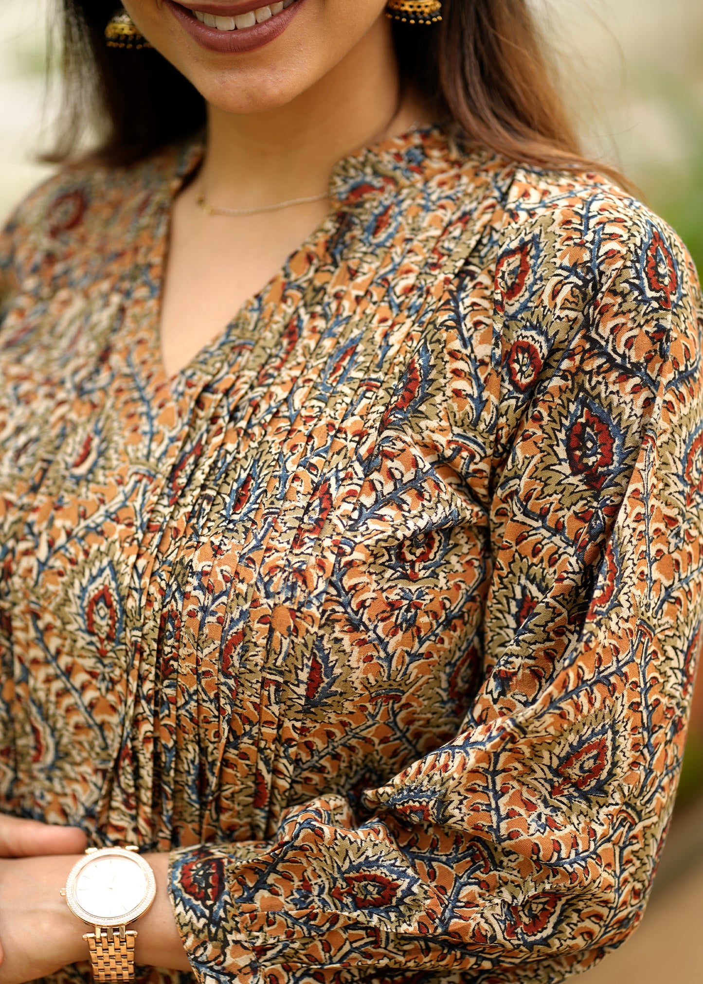 Handblock Kalamkari Front Pleated Cotton Dress