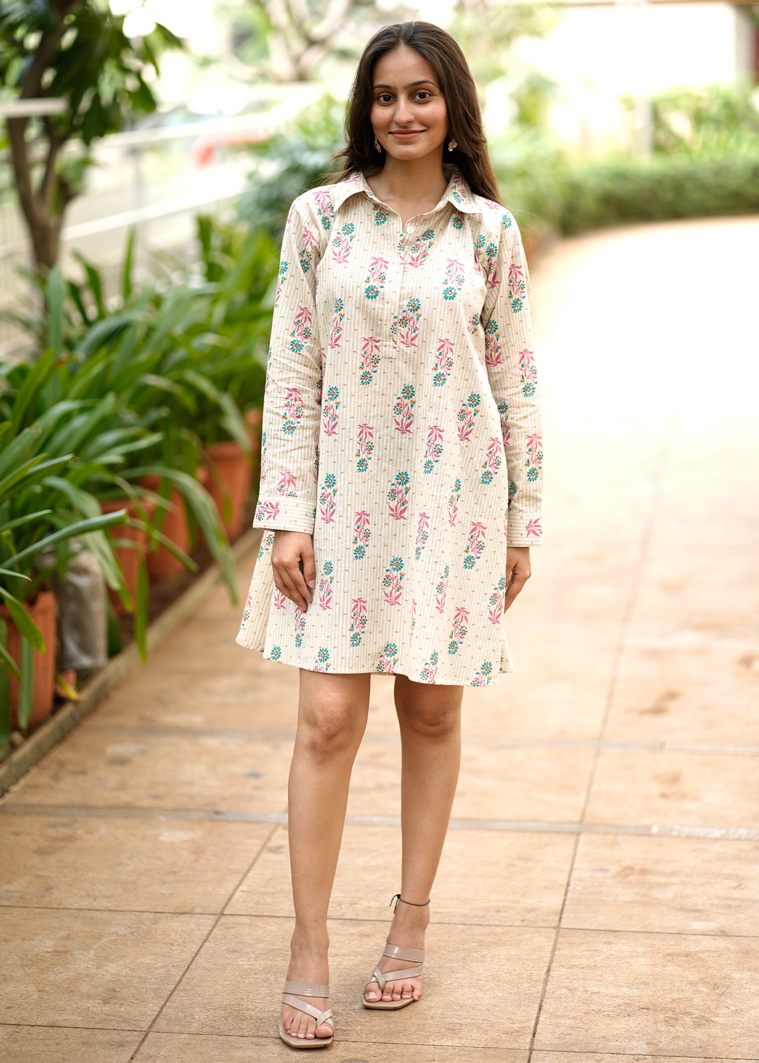 Floral Printed Short Shirt Style Cotton Dress