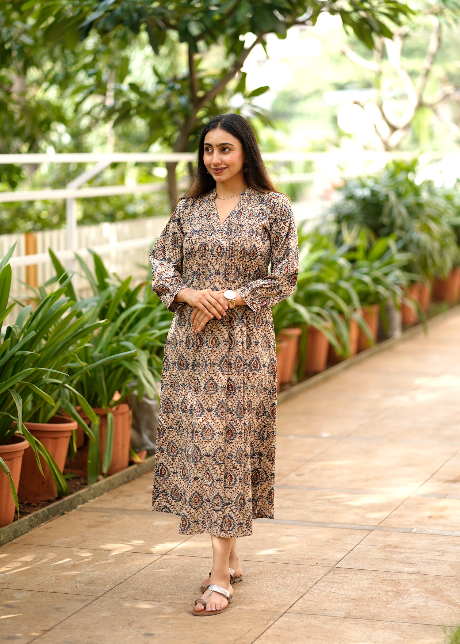 Handblock Kalamkari Front Pleated Cotton Dress
