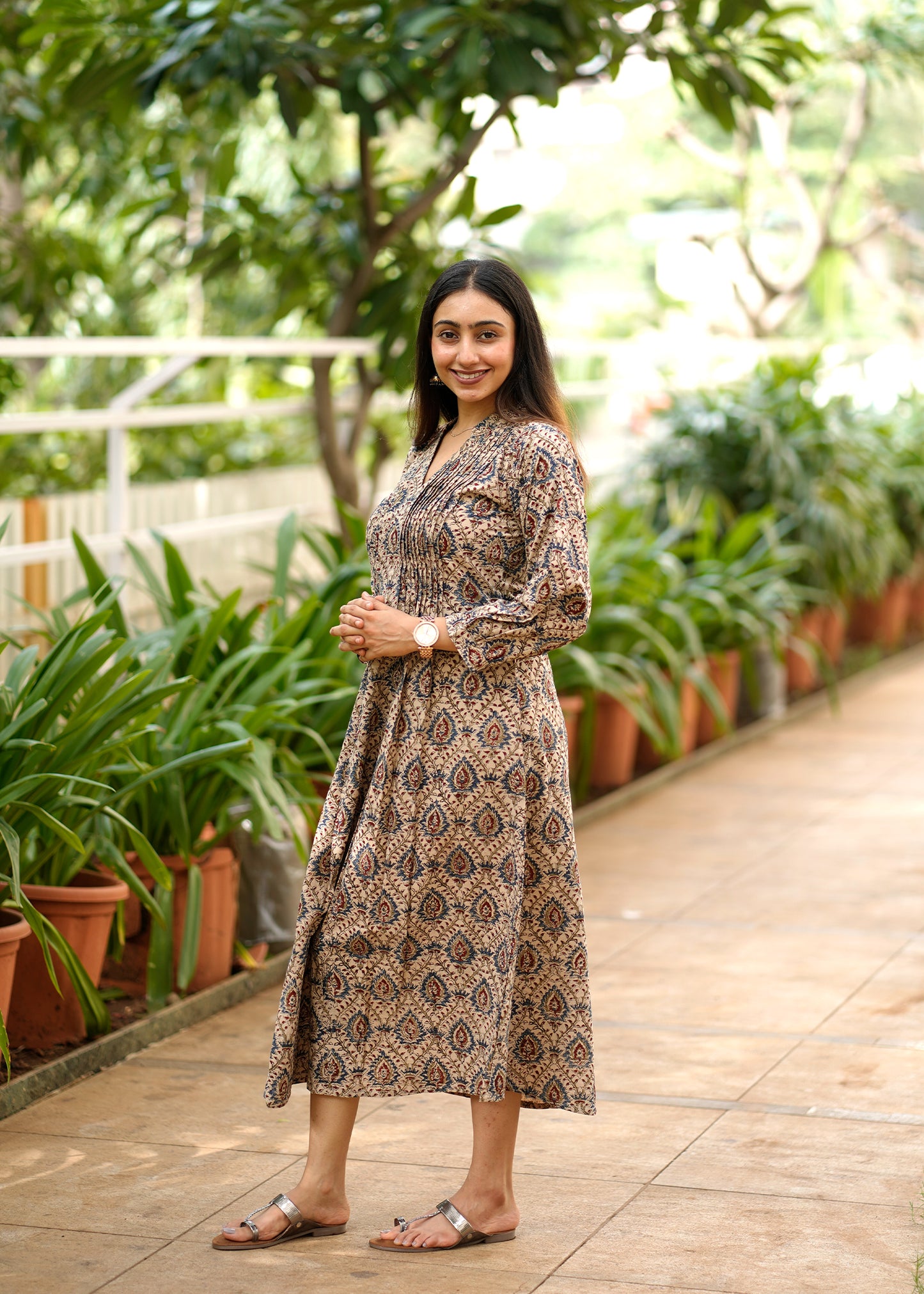 Handblock Kalamkari Front Pleated Cotton Dress