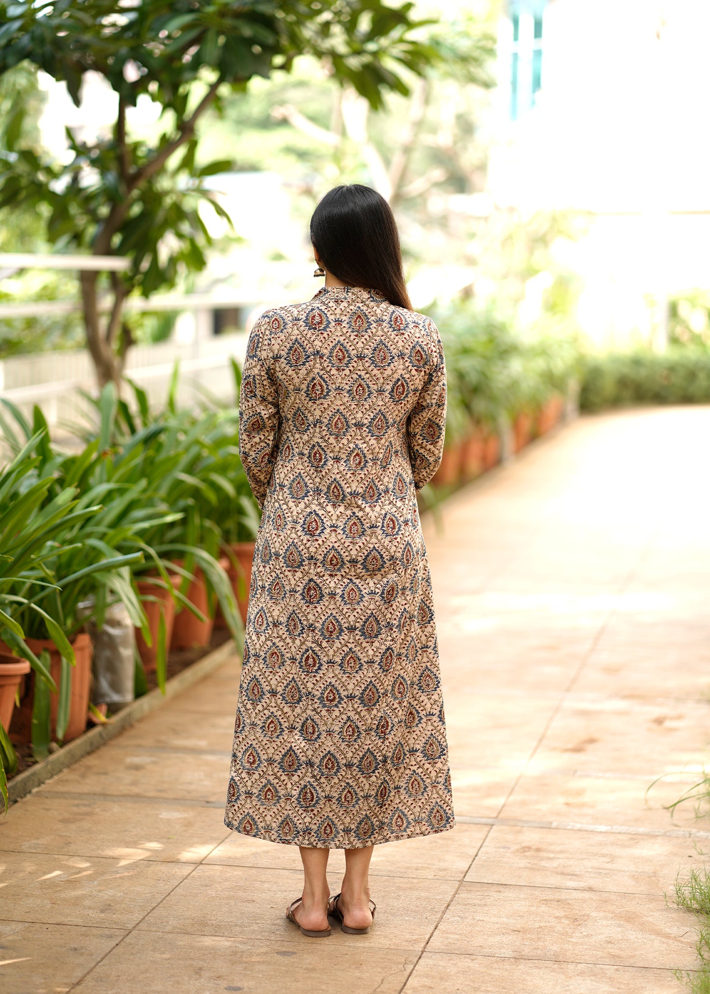 Handblock Kalamkari Front Pleated Cotton Dress