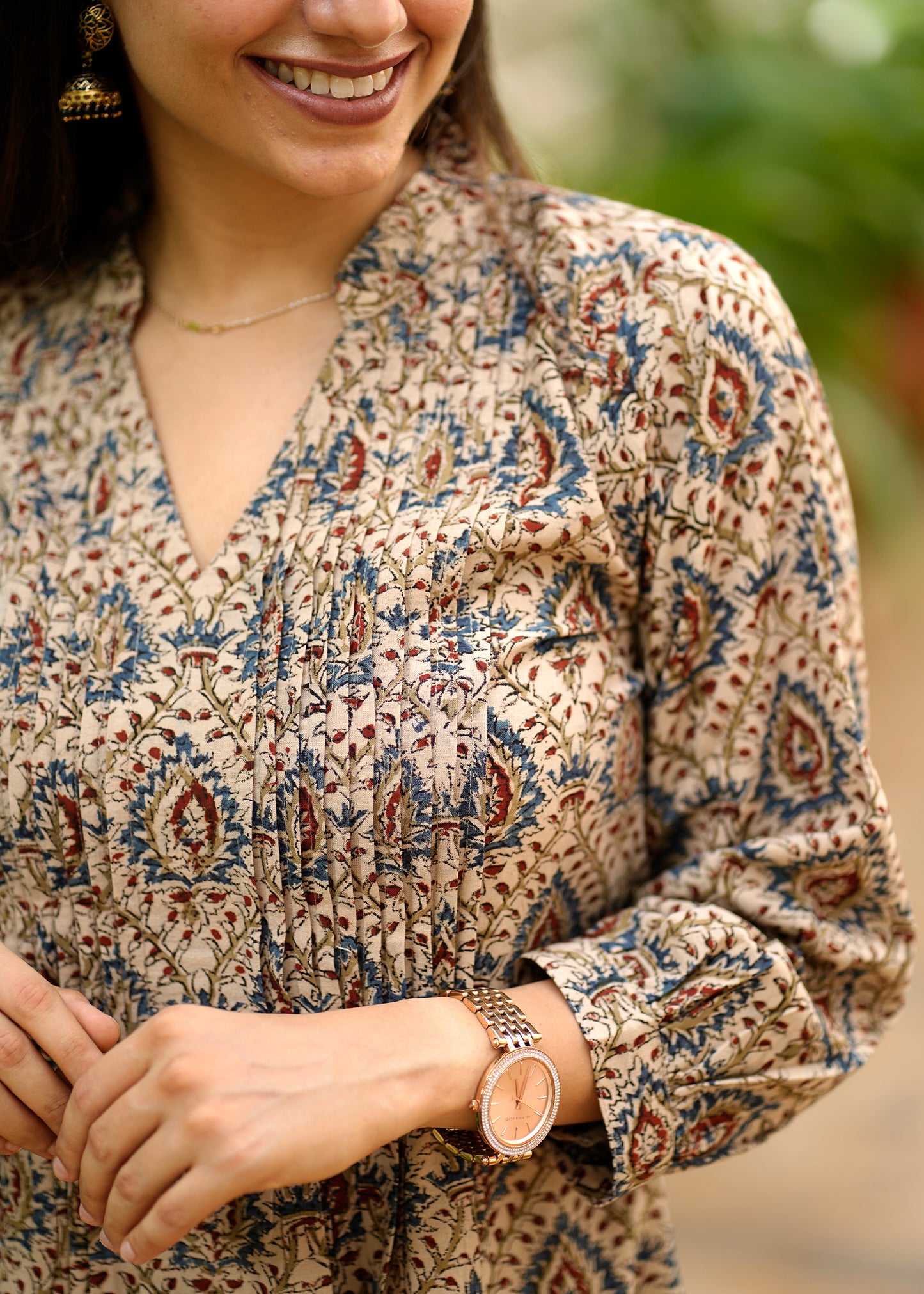 Handblock Kalamkari Front Pleated Cotton Dress