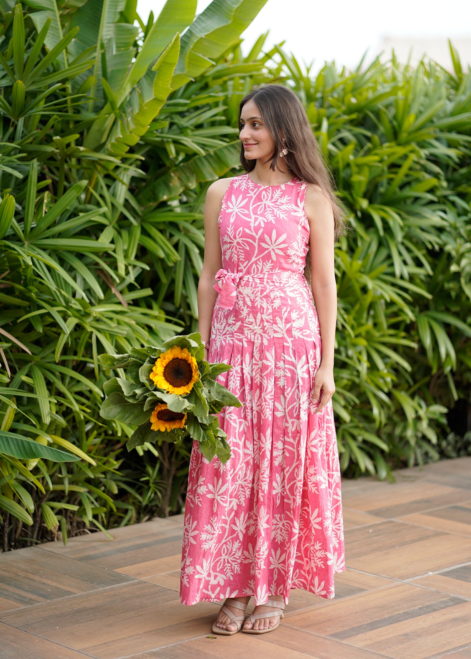 Modern Floral Long Cotton Dress with waist belt