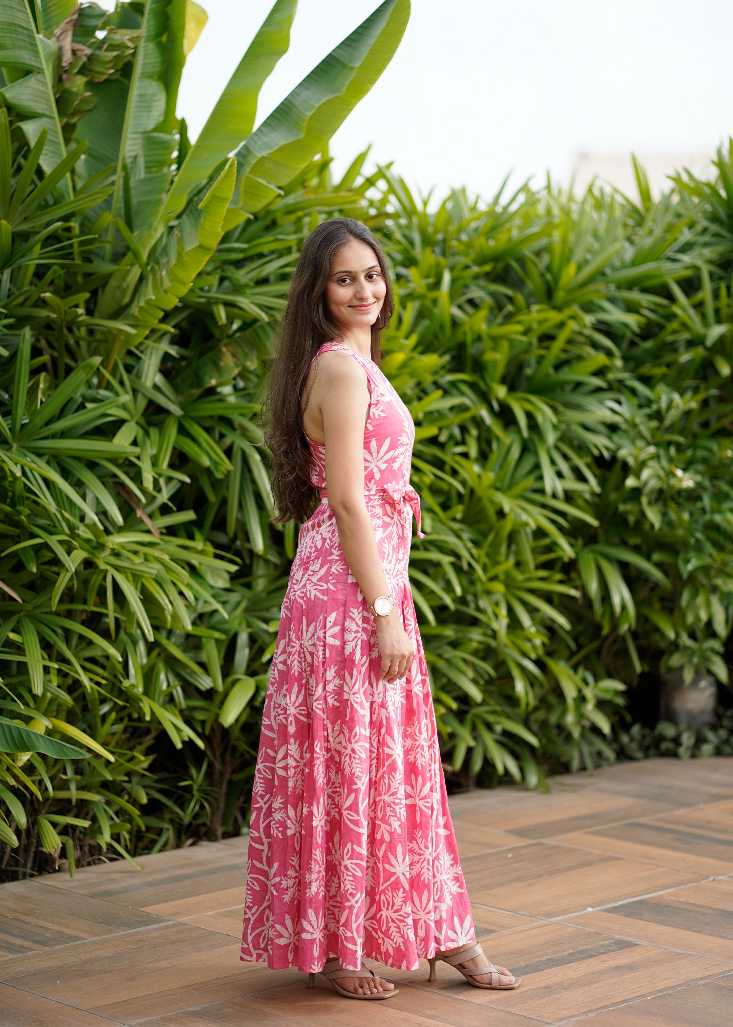 Modern Floral Long Cotton Dress with waist belt